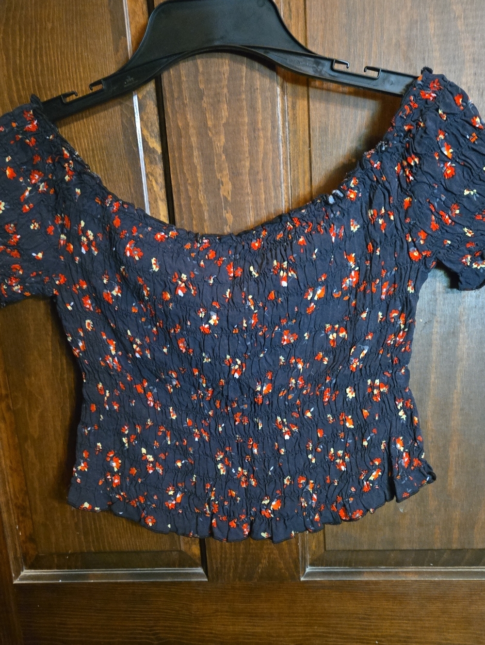 Navy Floral Smocked Off-Shoulder Crop Top